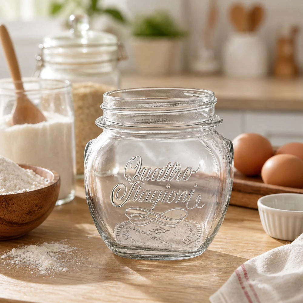 300 ml di bicchiere Quattro Stagioni su una tavola di legno in una cucina rustica con ingredienti da forno e uova