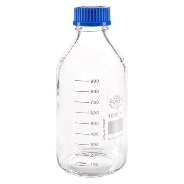 Bottiglia filettata da laboratorio 1000ml con tappo, borosilicato Bottiglia filettata da laboratorio 1000ml con tappo, borosilicato