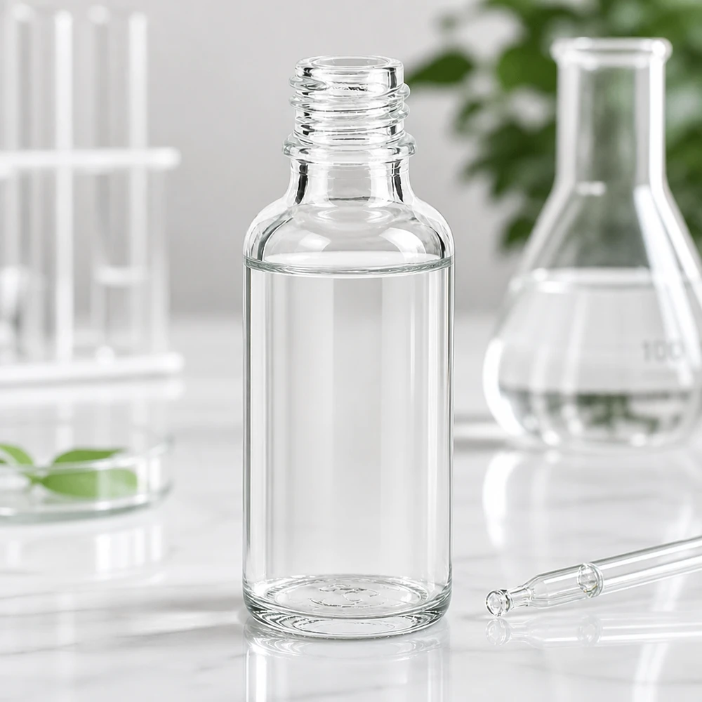 Flacone da farmacia rotondo in ApoGlas da 30 ml con forma classica per applicazioni professionali