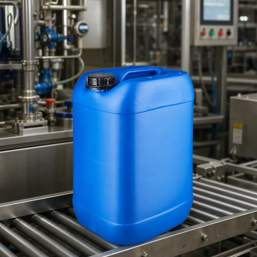 Tanica 25 litri blu con tappo a vite OV Tanica blu da 25 litri con tappo a vite su un nastro trasportatore industriale in uno stabilimento di produzione