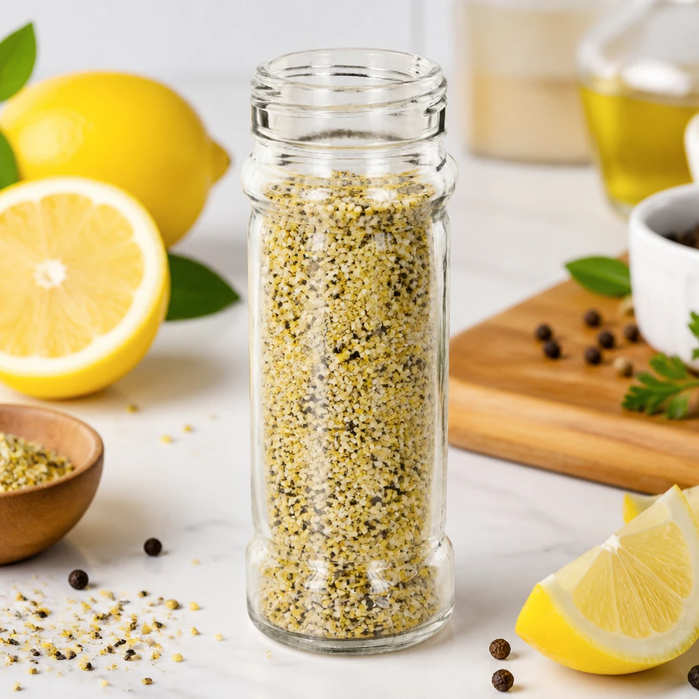 Barattolo per spezie Mary da 100 ml riempito con pepe al limone, accanto a limoni freschi e pepe nero