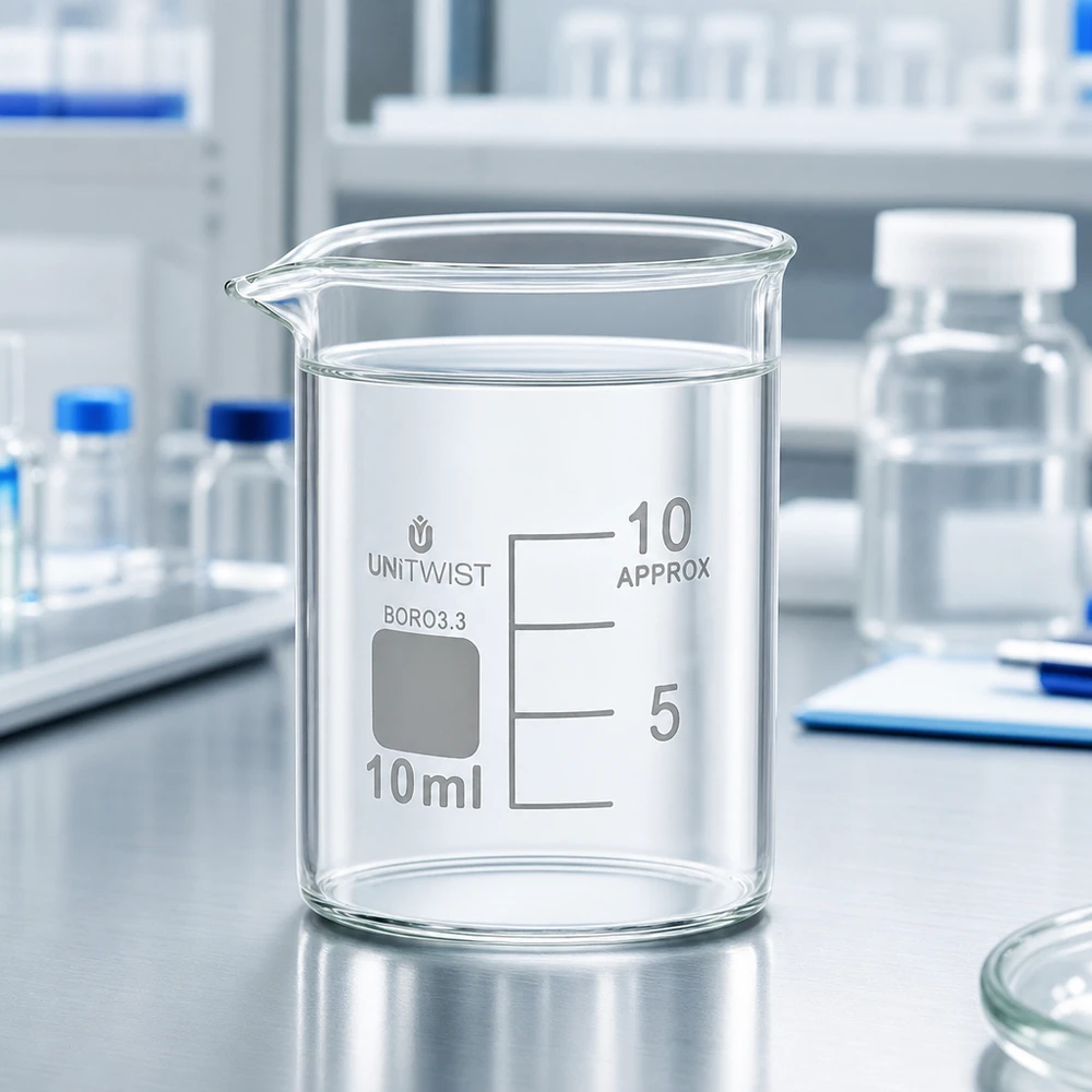 Bicchiere da laboratorio UNiTWIST da 10 ml, forma bassa, con beccuccio e graduazione su superficie in acciaio inossidabile
