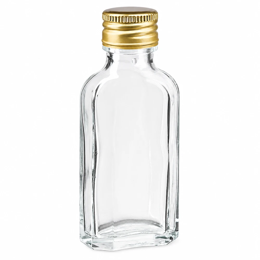 50 ml Meplat trasparente con tappo in alluminio oro PP22 Flacone Meplat da 50 ml trasparente con tappo in alluminio dorato PP22 per distillati e liquori