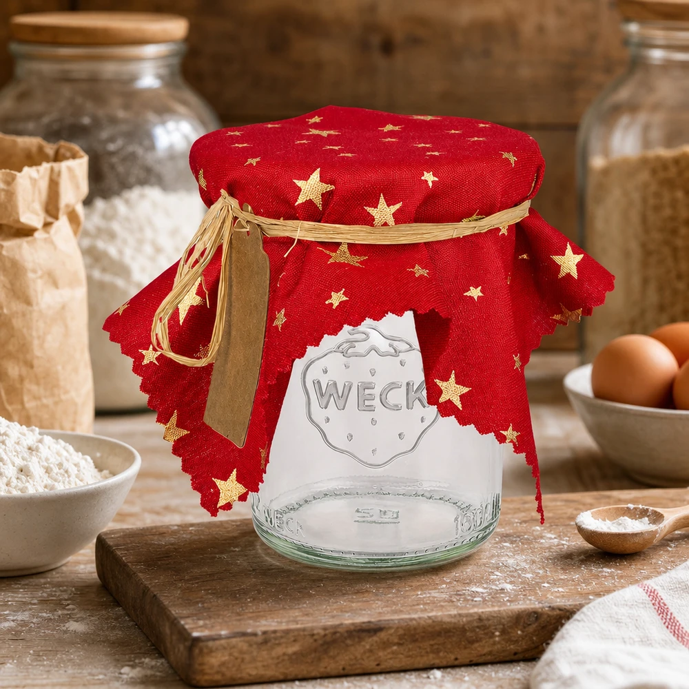 Festivo centrino rosso con stelle dorate su barattolo di conservazione, tavolo da cucina con ingredienti da forno e uova