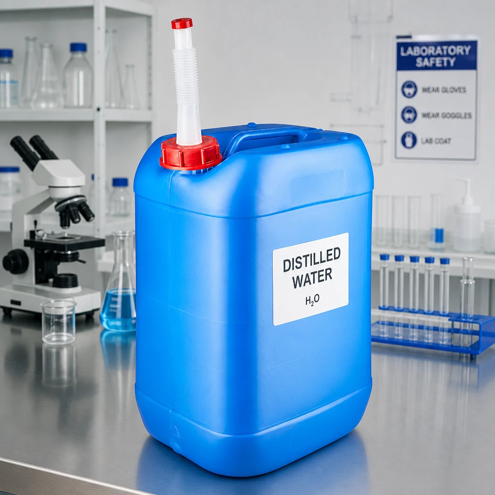 Tanica 25 litri blu con tubo di uscita Flex Contenitore da laboratorio da 25 litri, blu, con tubo di scarico flessibile per acqua distillata, in uso
