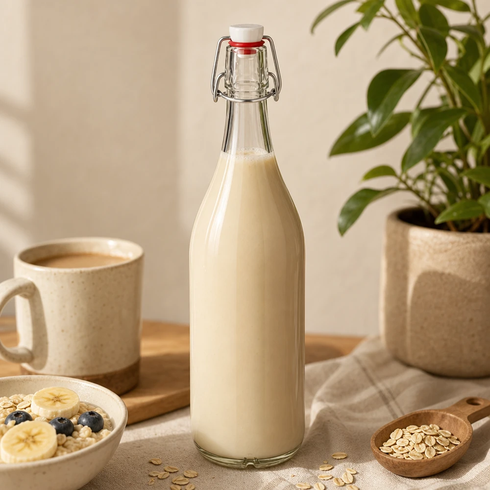 Bottiglia di vetro da 1000 ml con tappo oscillante riempita di latte d'avena su un tavolo di legno accanto a una tazza da caffè e a fiocchi d'avena