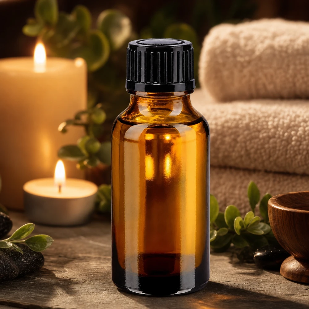Bottiglia da farmacia marrone da 20 ml. SV STD nero/11mm ApoGlas Flacone da farmacia marrone da 20 ml con tappo contagocce nero da 11 mm in un ambiente spa con candele