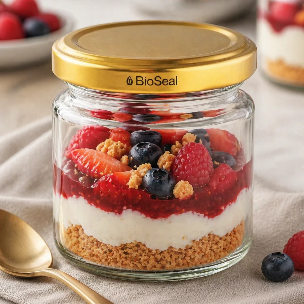 UNiTWIST Runda53 con coperchio dorato TO43 BioSeal UNiTWIST Runda53 con coperchio dorato TO43 BioSeal come vasetto da dessert per dessert a strati di yogurt ai frutti di bosco con base di biscotto