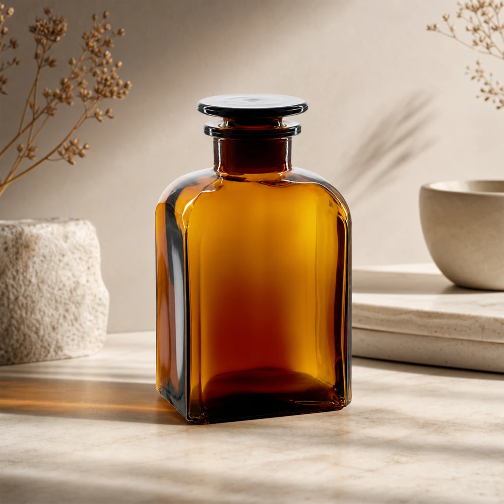 Bottiglia quadrata 500ml marrone a collo largo con tappo in vetro Bottiglia di vetro color ambra da 500 ml, di forma quadrata, con tappo piatto, per applicazioni di laboratorio
