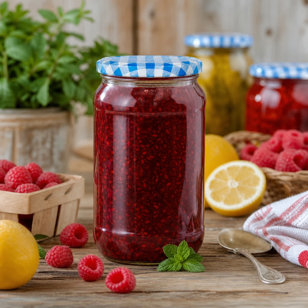 Barattolo rotondo da 1062 ml + coperchio BasicSeal blu/bianco UNiTWIST. Barattolo rotondo da 1062 ml con marmellata di lamponi, coperchio BasicSeal blu e bianco, perfetto per marmellate e gelatine di frutta fatte in casa.