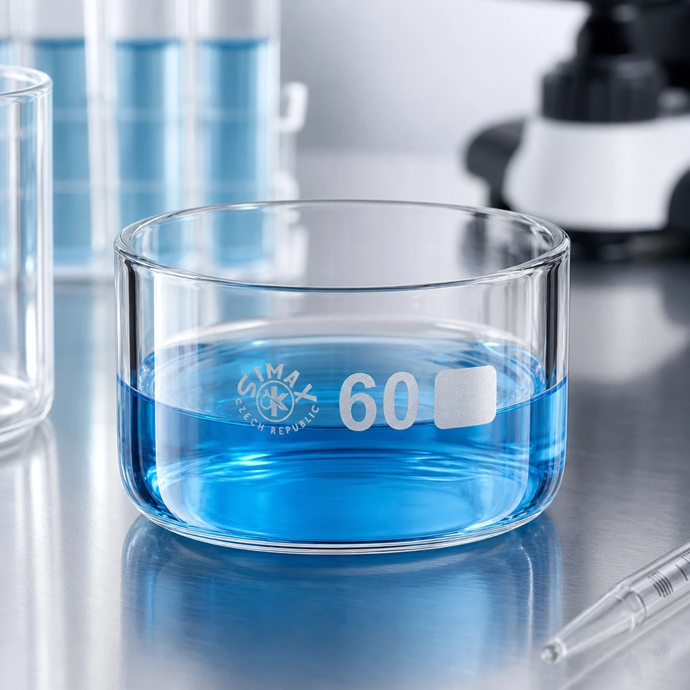 Bicchiere per cristallizzazione da 60 ml senza beccuccio Bo.. ø60mm Vaschetta di cristallizzazione da 60 ml in vetro borosilicato con soluzione blu su una superficie in acciaio inossidabile in laboratorio