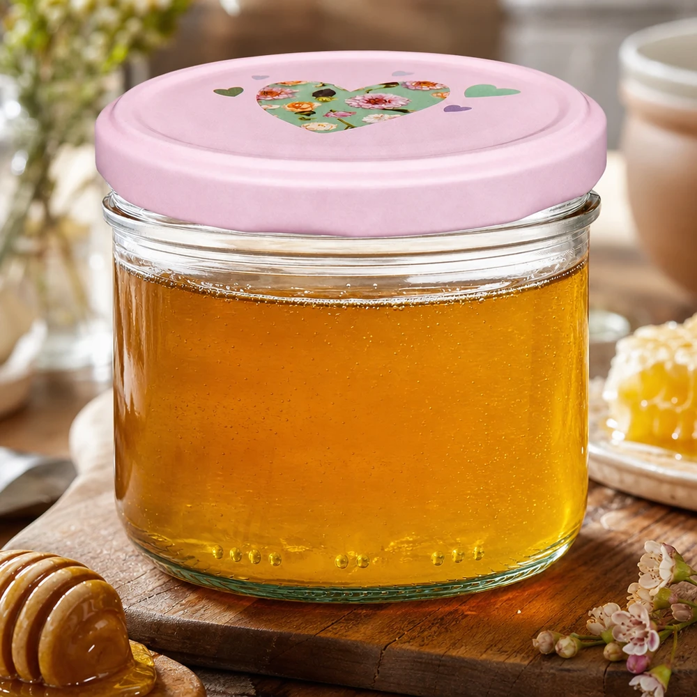 Barattolo cilindrico da 230 ml + coperchio BasicSeal rosa cuore Vasetto cilindrico da 230 ml con coperchio rosa a forma di cuore riempito di miele giallo oro, vasetto di miele su tavoletta di legno con cucchiaio da miele