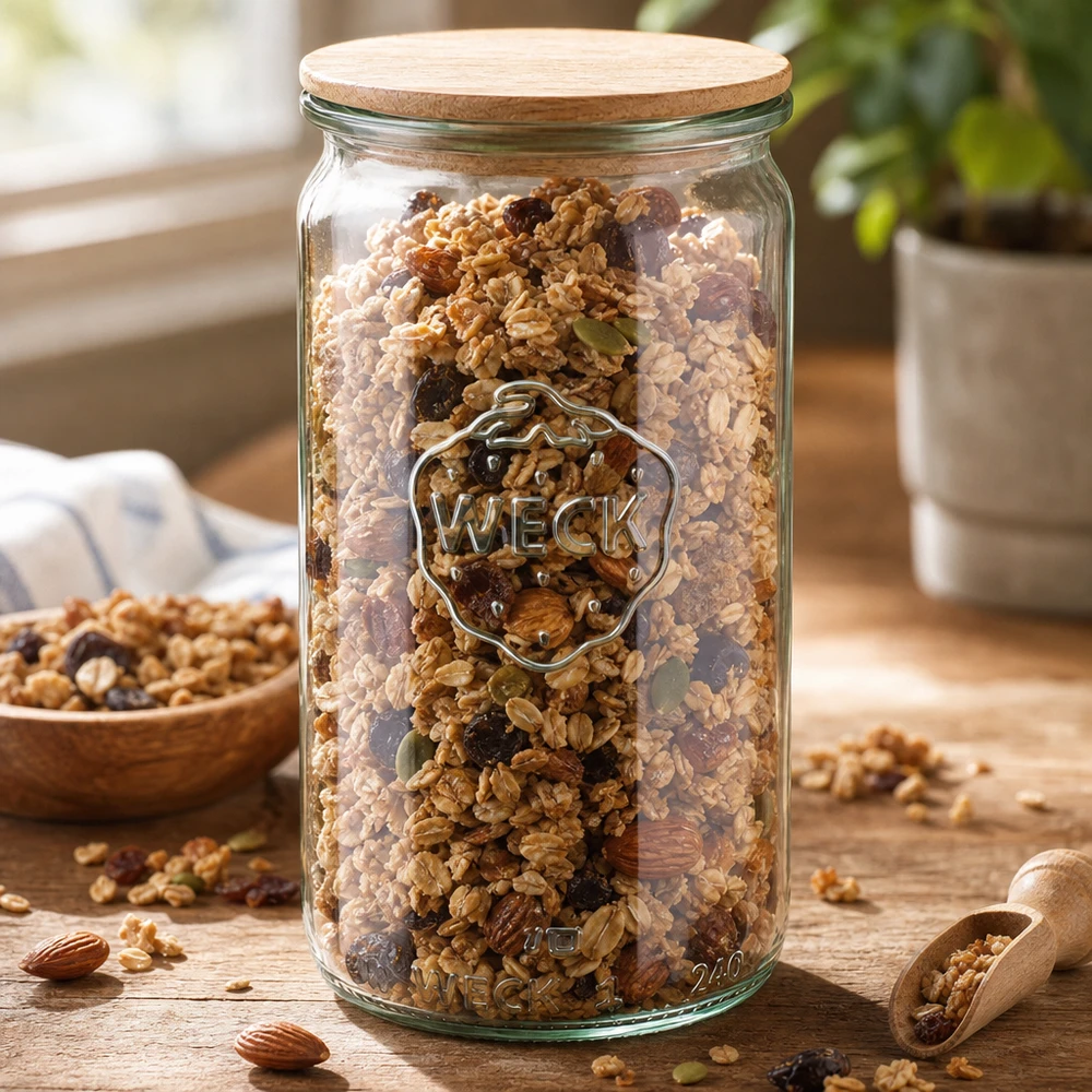Barattolo cilindrico da 340 ml WECK RR60 con coperchio in legno Vaso cilindrico WECK da 340 ml RR60 riempito con muesli e noci come vaso di conservazione con coperchio in legno sul bancone della cucina