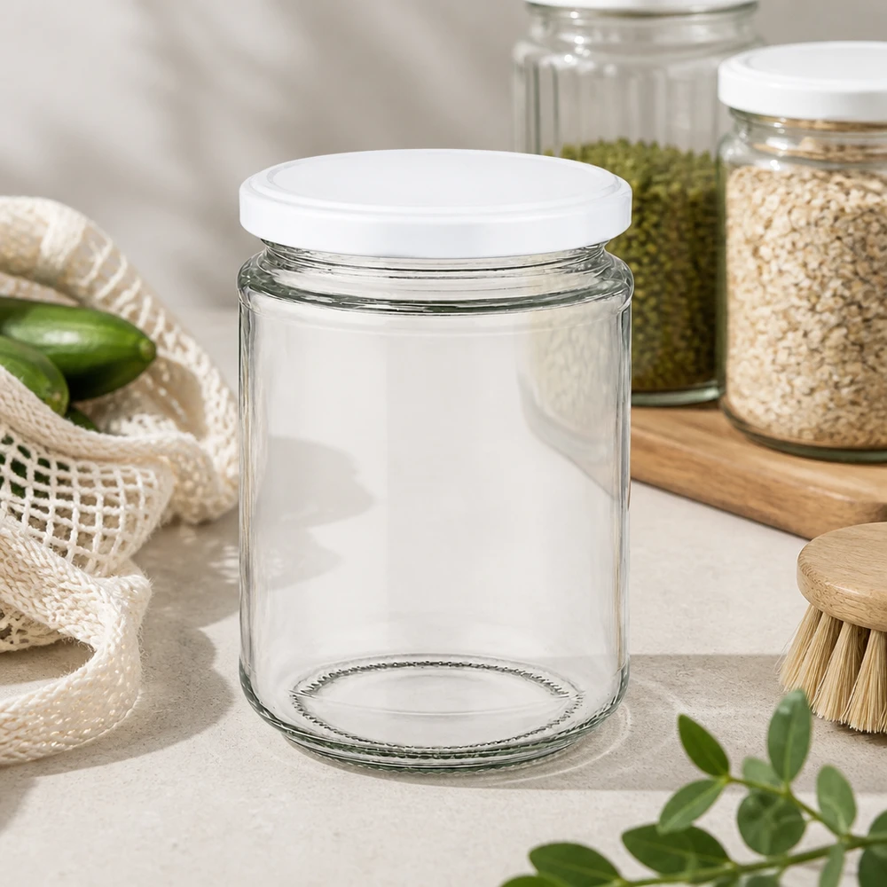 Barattolo rotondo da 390 ml UNiTWIST vuoto con coperchio bianco in una cucina sostenibile a rifiuti zero accanto a barattoli e utensili in bambù