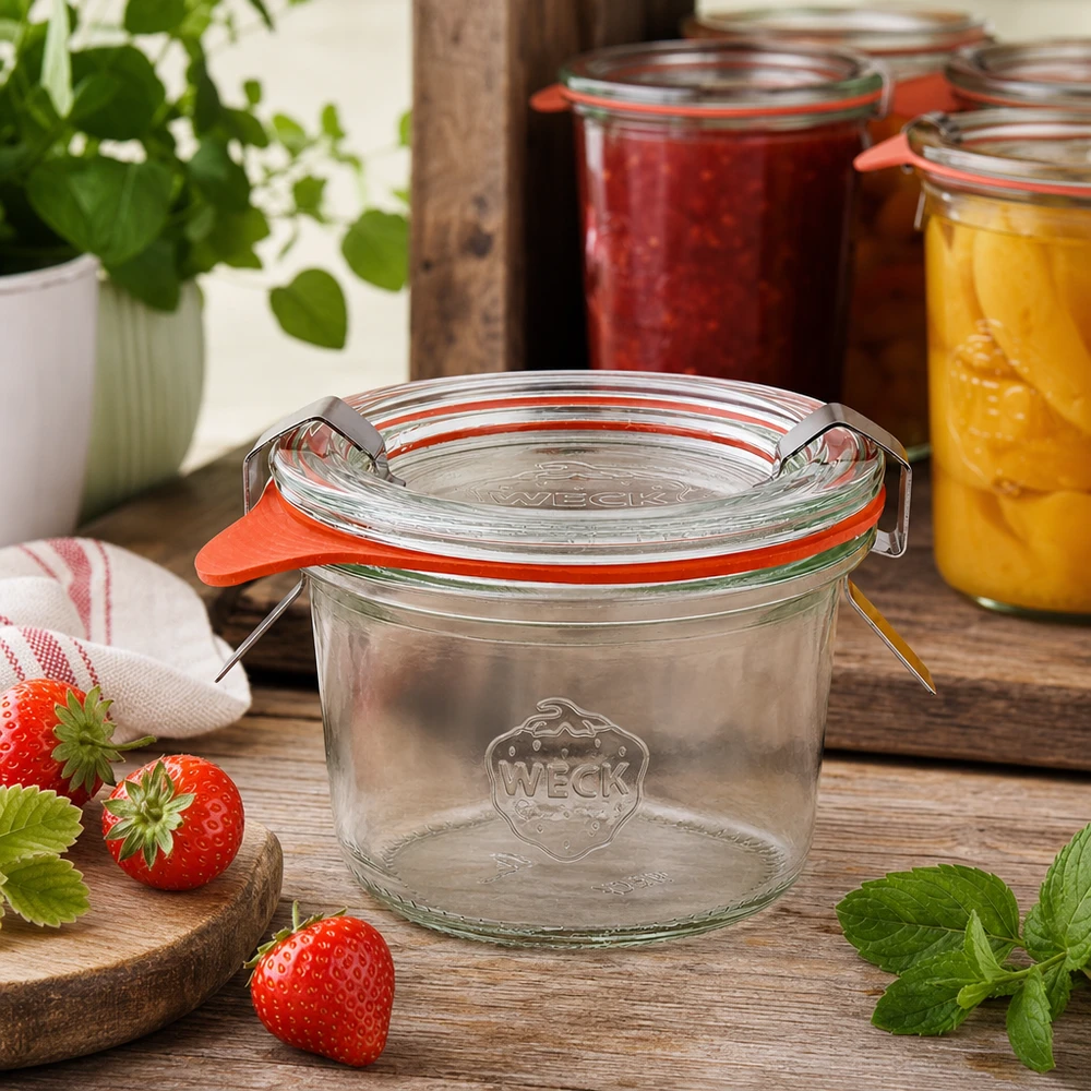 Bicchieri WECK 80ml RR60 in una cucina rustica con fragole e barattoli da conserva con marmellata sullo sfondo
