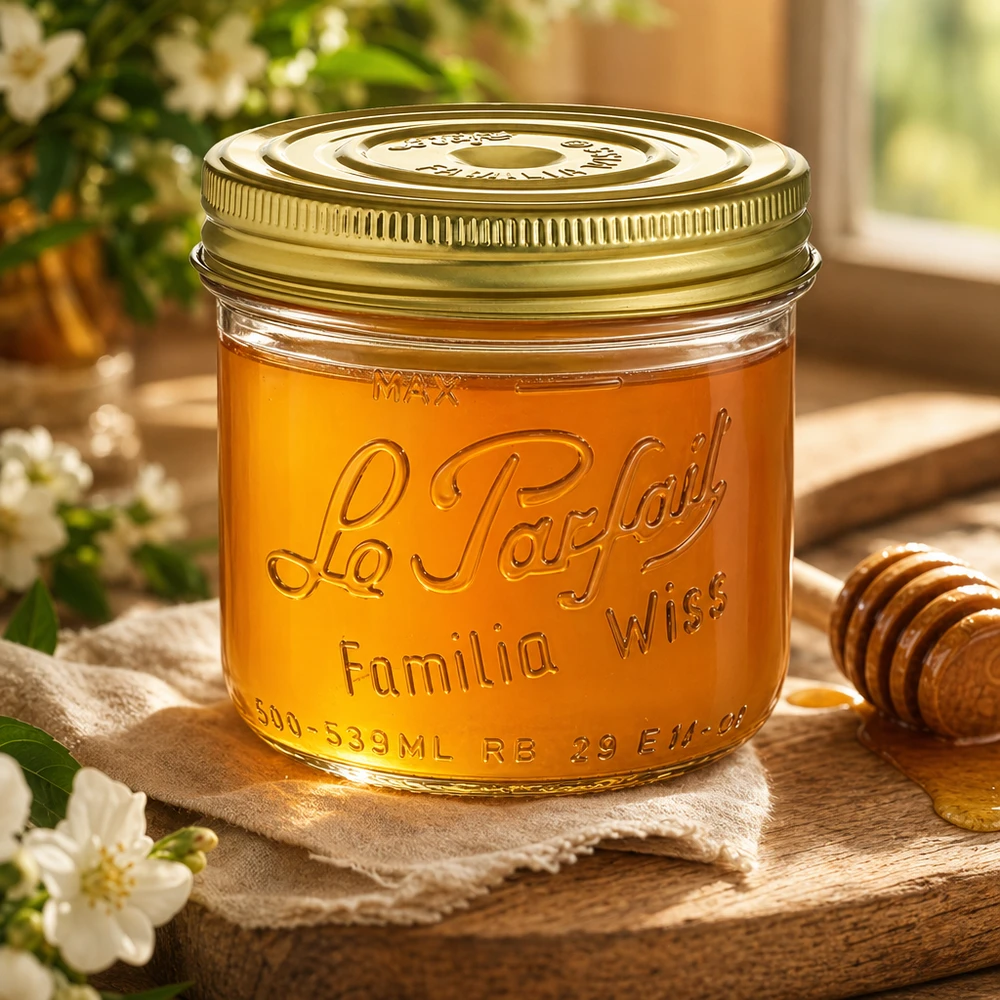 Bicchieri Familia Wiss da 539 ml con coperchio dorato riempiti di miele su un tavolo di legno con cucchiaio da miele e fiori