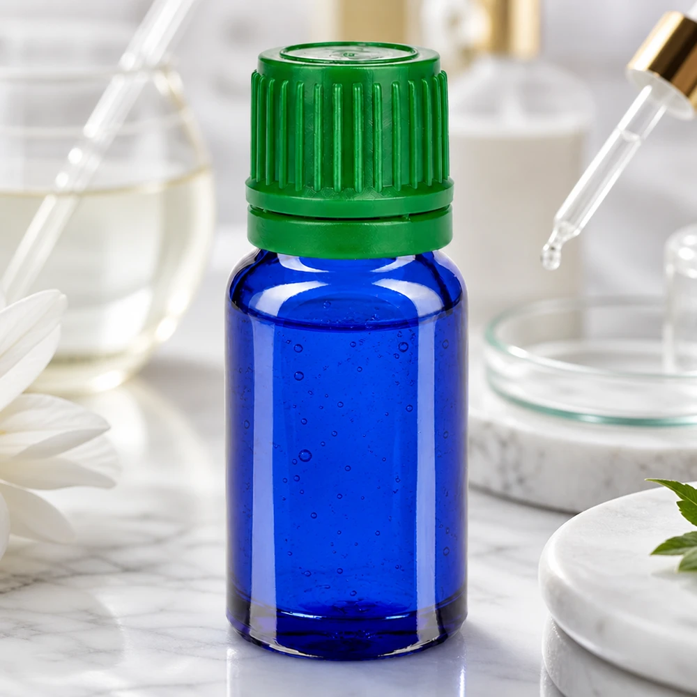 Flacone da 10ml 11mm SV verde OV BlueLine UT18/10 Elegante flacone di vetro di design da 10 ml in blu cobalto con tappo verde a contrasto per prodotti di alta qualità