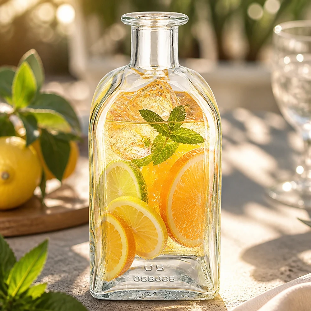 Bottiglia in vetro Julia da 500 ml riempita con infuso di agrumi e menta in un giardino soleggiato come bevanda rinfrescante.