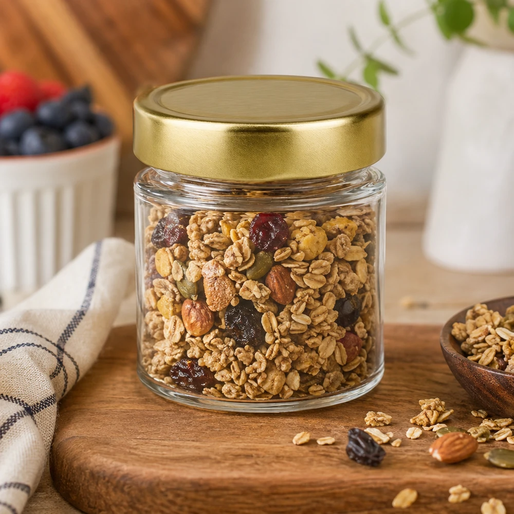 Barattolo rotondo da 154 ml con coperchio BasicSeal oro profondo UN.. Barattolo rotondo BasicSeal oro da 154 ml con mix di noci, mandorle, uva sultanina, muesli, granola, tavolo in legno cucina