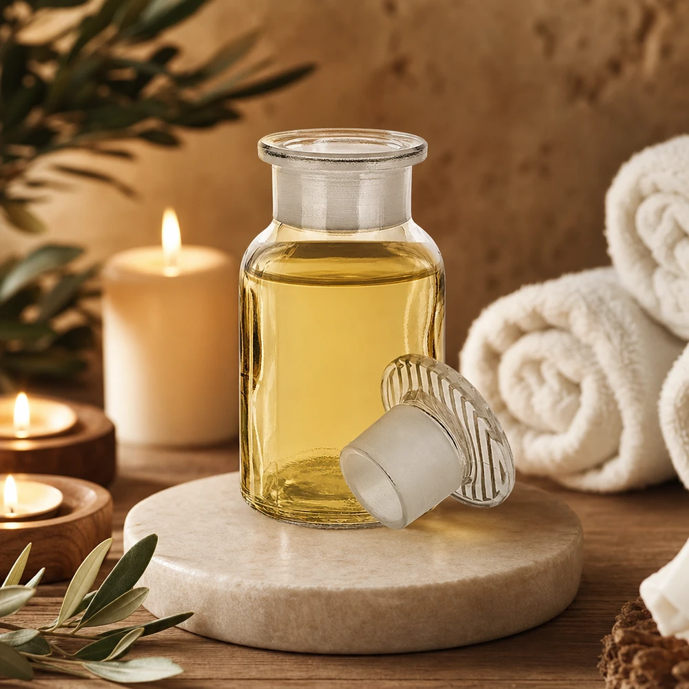 Bottiglia a spalla tonda 100ml trasparente a collo largo con tappo in vetro Flacone a spalla arrotondata da 100 ml, trasparente, con tappo in vetro a collo largo, per oli essenziali e oli da massaggio
