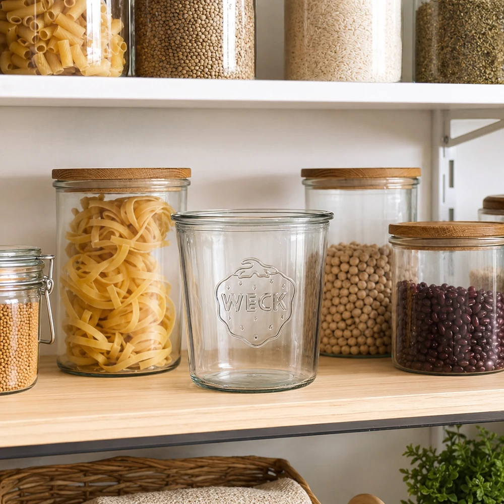WECK 580ml RR100 barattolo di stoccaggio in cucina con barattoli per pasta, legumi e cereali su ripiano in legno