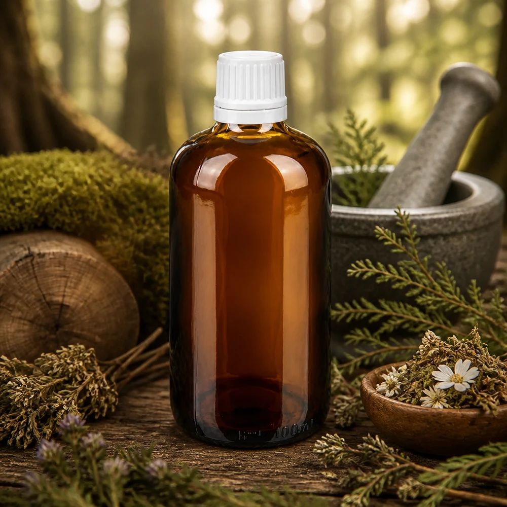 Flacone contagocce ApoGlas marrone da 100 ml con tappo OV bianco, tra erbe di bosco e un mortaio