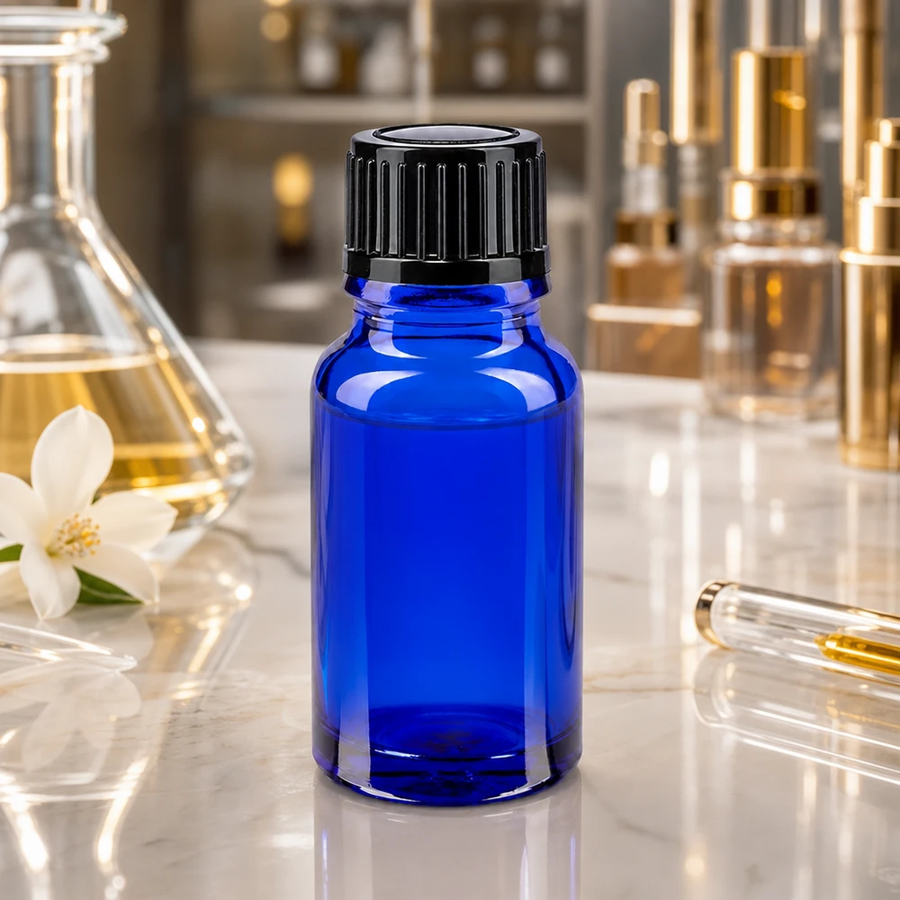 Flacone da farmacia professionale da 10 ml, blu, con tappo standard nero da 11 mm in vetro borosilicato