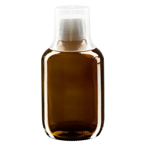 Flacone per medicinali da 200 ml marrone, chiusura OV con coppetta dosatrice 3 Flacone per medicinali da 200 ml marrone, chiusura OV con coppetta dosatrice 3