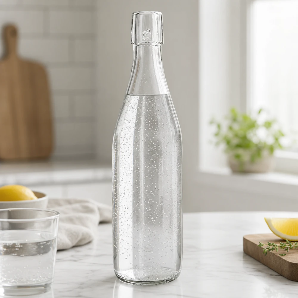 Bottiglia in vetro da 500 ml senza tappo UNiTWIST Bottiglia di vetro UNiTWIST da 500 ml riempita di acqua frizzante sul bancone di marmo della moderna cucina bianca con limone