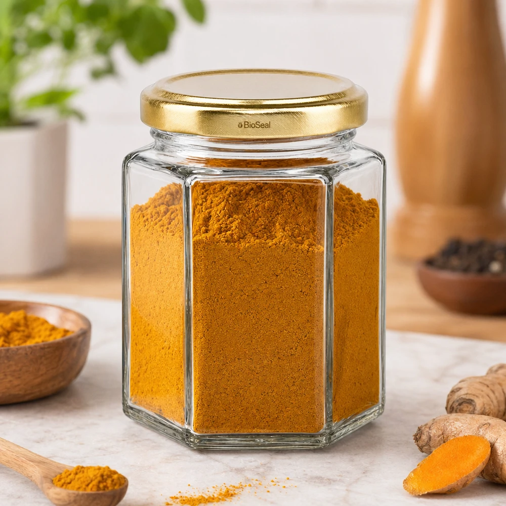 UNiTWIST Hexa196 con coperchio dorato TO58 BioSeal Barattolo Hexa196 con coperchio dorato TO58 BioSeal riempito di polvere di curcuma in una scena di cucina con zenzero