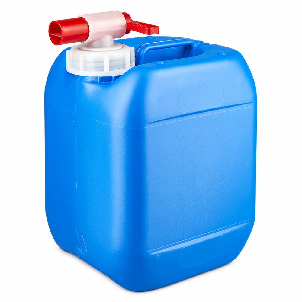 Tanica di plastica blu da 5 litri con rubinetto rosso e tappo a vite bianco