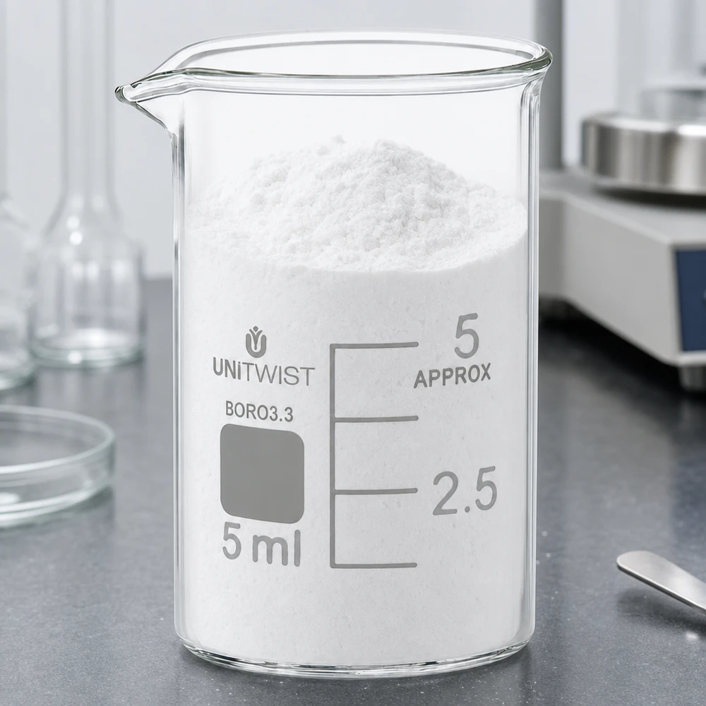 Polvere bianca nel becher UNiTWIST da 5 ml in borosilicato, di forma bassa, su un piano di lavoro da laboratorio grigio
