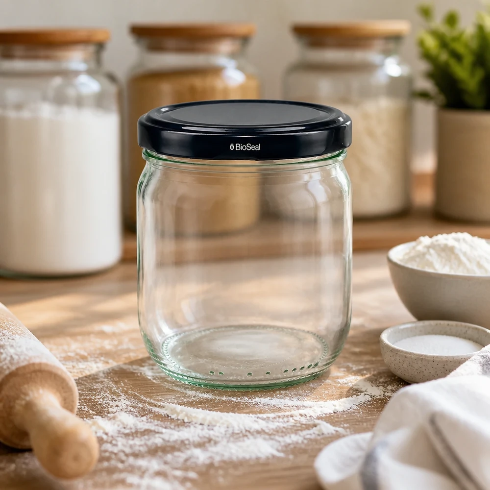 Barattolo rotondo da 425 ml con coperchio BioSeal nero UNiTWIST. 425ml vetro rotondo BioSeal nero vuoto su tavolo di legno con farina e utensili da cucina mostra stoccaggio accessori da forno