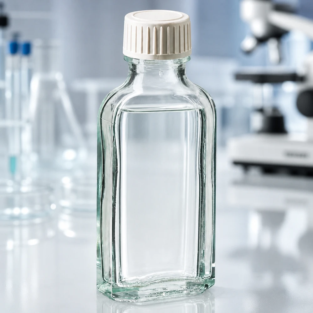 Tappo a vite trasparente Meplat da 50 ml con inserto in schiuma PE Flacone di vetro a fondo piatto da 50 ml con tappo a vite bianco scanalato su un piano da laboratorio bianco