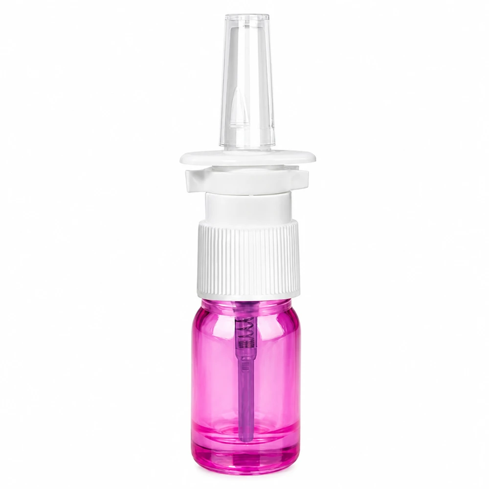 Flacone spray nasale da 5 ml bianco/trasparente standard PurpleLine UT18/5 Pratico flacone spray nasale da 5 ml con corpo viola trasparente e pratico spruzzatore dosatore