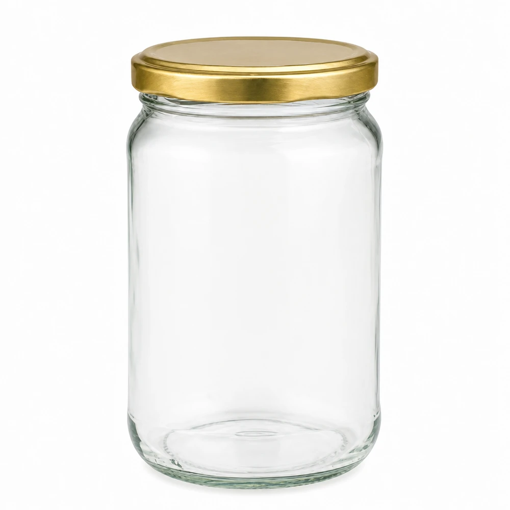 Barattolo rotondo da 305 ml con coperchio BasicSeal oro UNiTWIST Barattolo rotondo da 305 ml con coperchio BasicSeal dorato UNiTWIST - barattolo vuoto in vetro trasparente per marmellata e miele