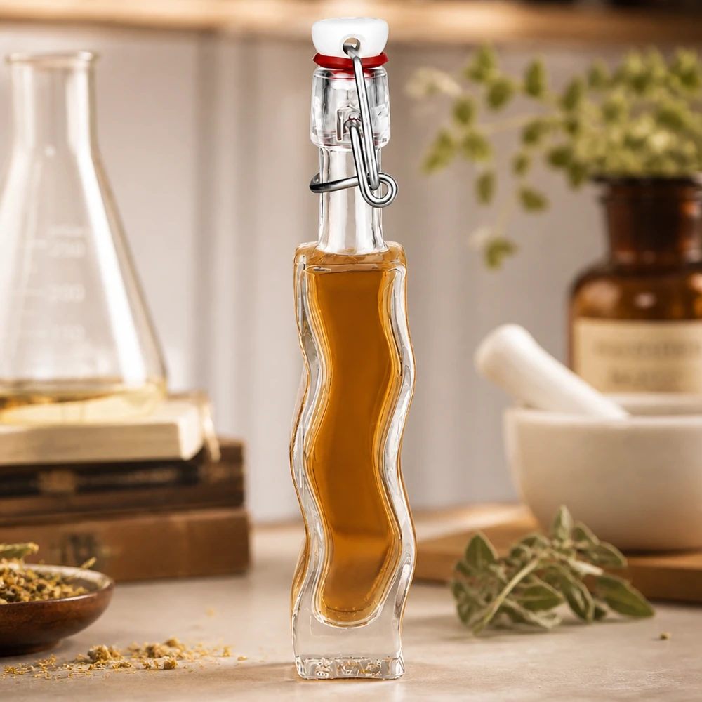 Bottiglia di vetro da 40 ml Anna riempita di liquido color miele in una cucina rustica con erbe e bicchieri di vetro