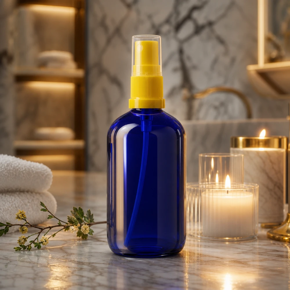 Flacone di vetro STD blu da 100 ml con erogatore a spruzzo giallo accanto a delle candele in un elegante bagno