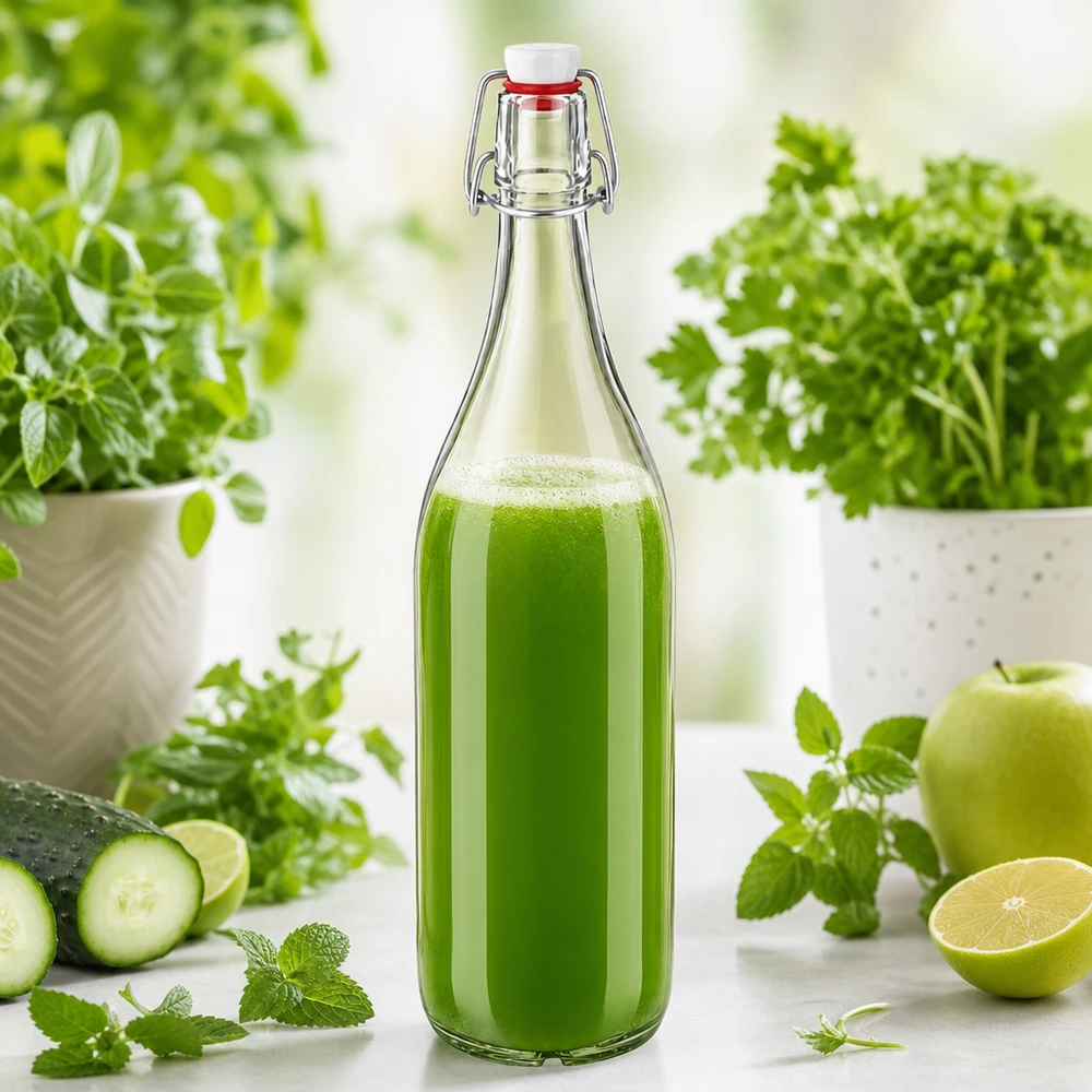 Bottiglia di vetro da 1000 ml + tappo girevole in PVC UNiTWIST Bottiglia in vetro da 1000 ml, con tappo a scatto in PVC, riempita di frullato verde circondato da erbe e verdure fresche.