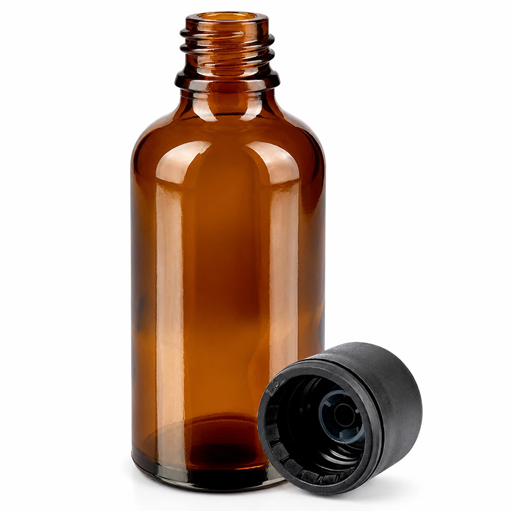 Bottiglia da 30ml 6mm SV nero STD BrownLine UT18/30 Flacone compatto in vetro ambrato da 30 ml con sistema di chiusura nero a tenuta.