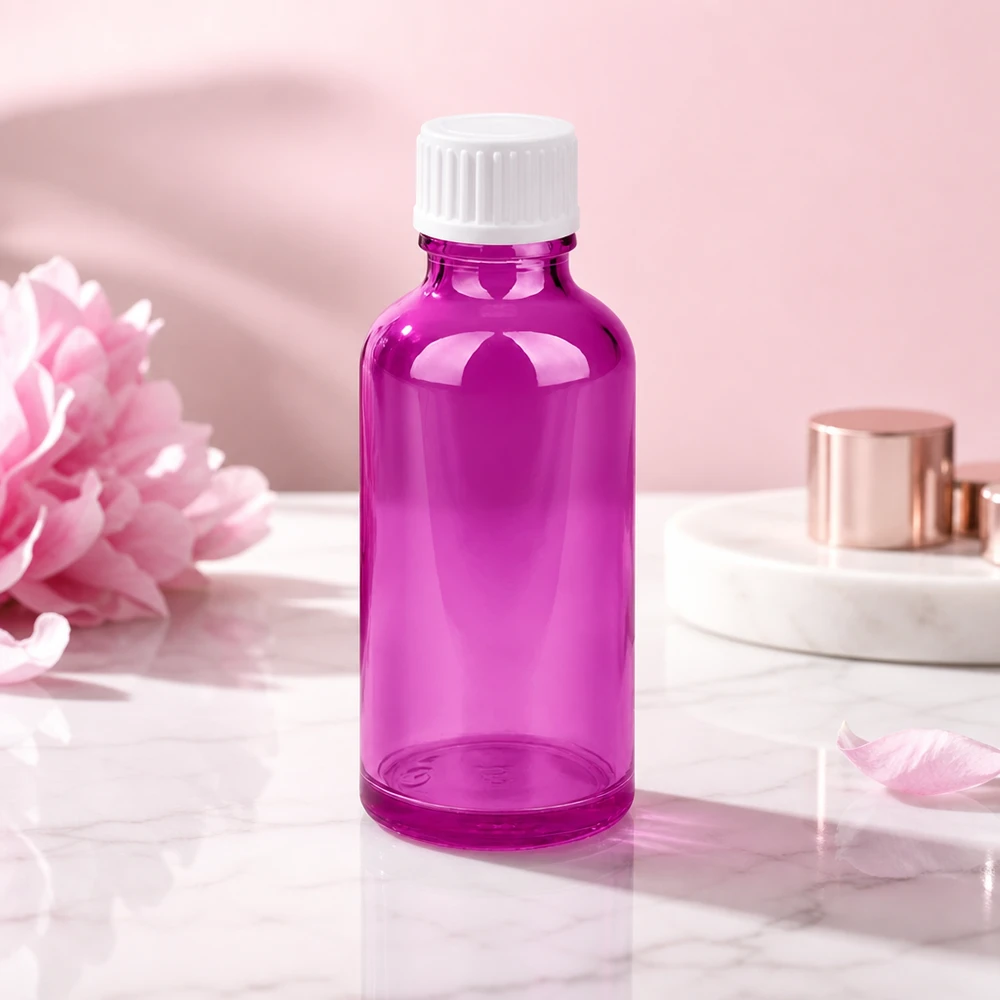 Flacone da 50 ml (globuli) con anello versatore da 3 mm bianco Standard PurpleLine. UT18/50 Bottiglia in vetro viola da 50 ml con filettatura DIN per la conservazione sicura di preparati liquidi