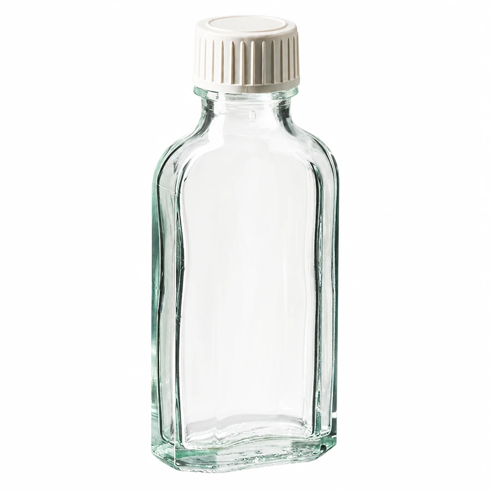 Tappo a vite trasparente Meplat da 50 ml con inserto in schiuma PE Flacone in vetro trasparente Meplat da 50 ml con tappo a vite bianco e inserto in schiuma di PE