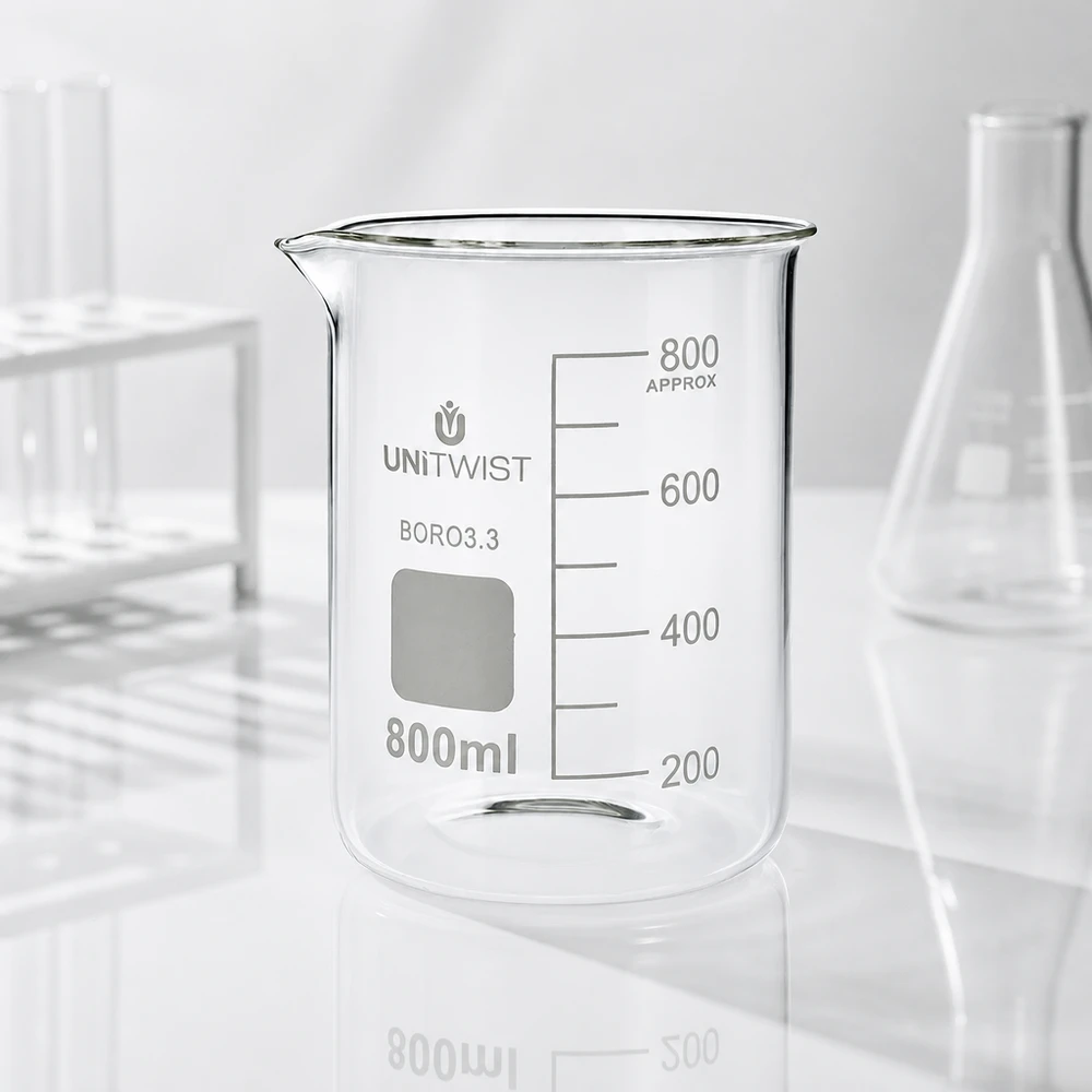 Bicchiere da laboratorio UNiTWIST vuoto da 800 ml in borosilicato 3.3, forma bassa, con scala graduata in ml su fondo bianco