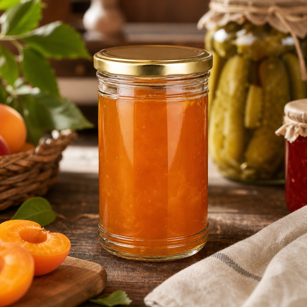 Bicchieri da 1053 ml con coperchio BasicSeal oro UN... Marmellata di albicocche fatta in casa in un barattolo da 1053 ml con coperchio dorato in una cucina rustica con barattoli da conserva