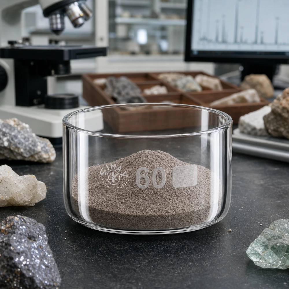 Bicchiere per cristallizzazione da 60 ml senza beccuccio Bo.. ø60mm Ciotola di cristallizzazione da 60 ml contenente una polvere minerale finissima, su un piano da laboratorio scuro, circondata da campioni di roccia