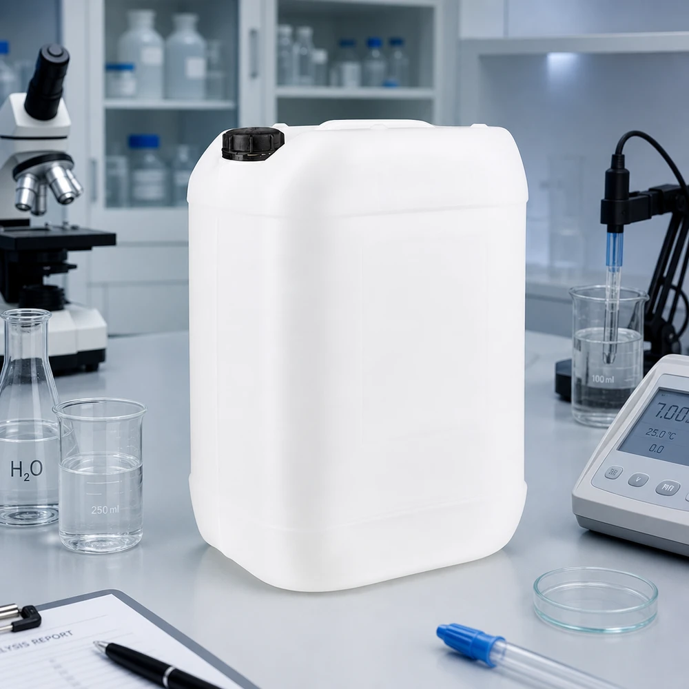 Tanica rettangolare da 25 litri con tappo a vite nero in un ambiente di laboratorio professionale