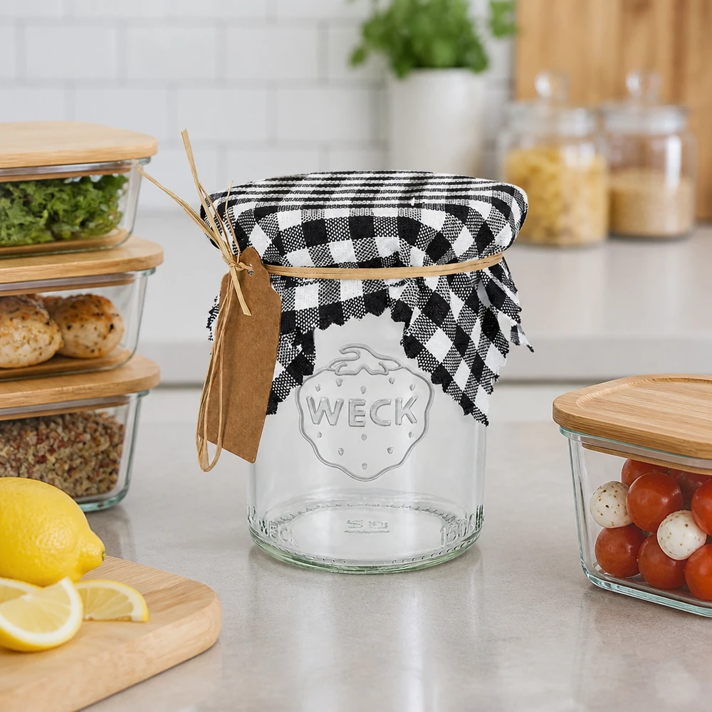 Barattolo per conserve con coperchio in tessuto a scacchi bianchi e neri e targhetta in rafia, organizer da cucina in stile vintage
