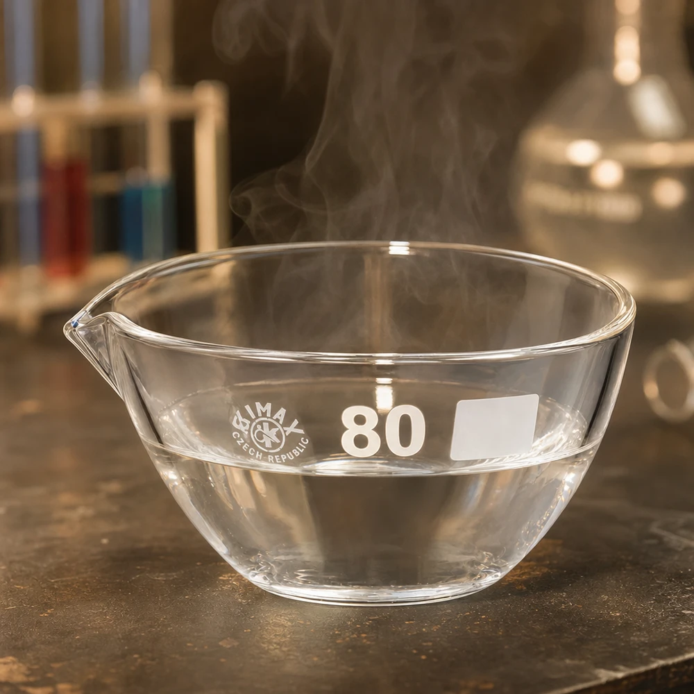 Piatto di evaporazione da 90ml con beccuccio in borosilicato ø80mm Piatto da laboratorio compatto in borosilicato da 80 mm con beccuccio per lavori precisi in laboratorio