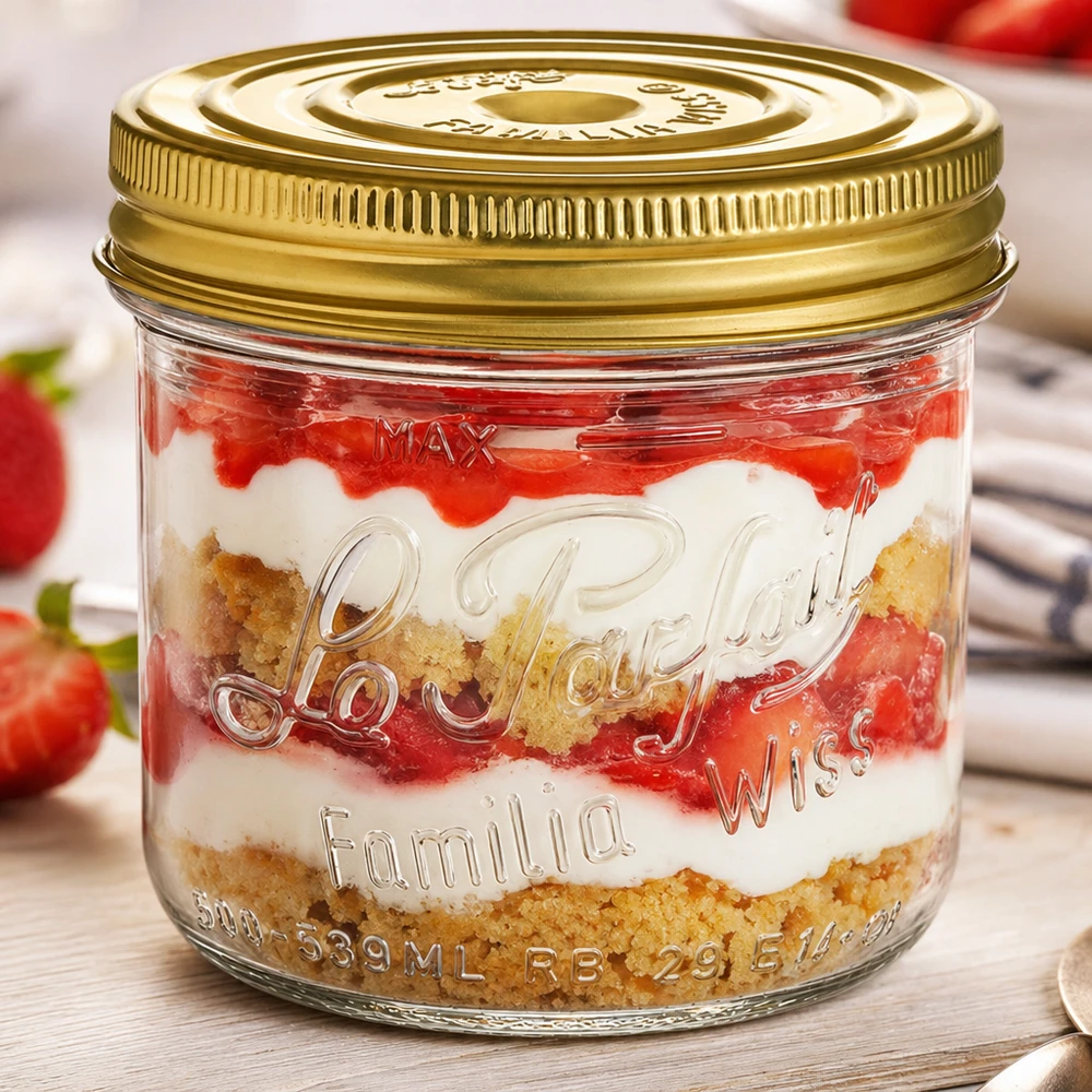 Bicchieri Familia Wiss da 539 ml con coperchio a vite dorato e dessert a strati di fragole e base di biscotto