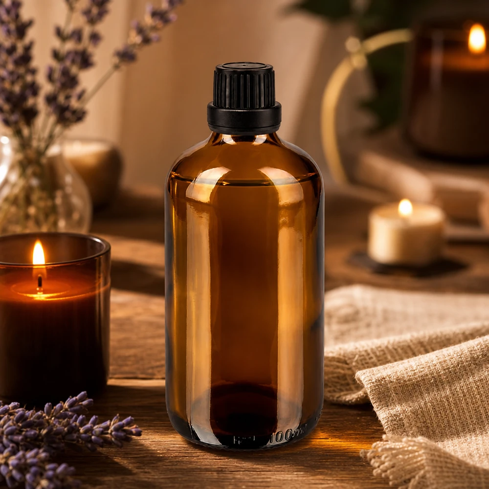 Bottiglia da farmacia marrone da 100 ml. SV OV nero/11mm ApoGlas Flacone di vetro da 100 ml color ambra con tappo a vite nero da 11 mm su un tavolo di legno con candele